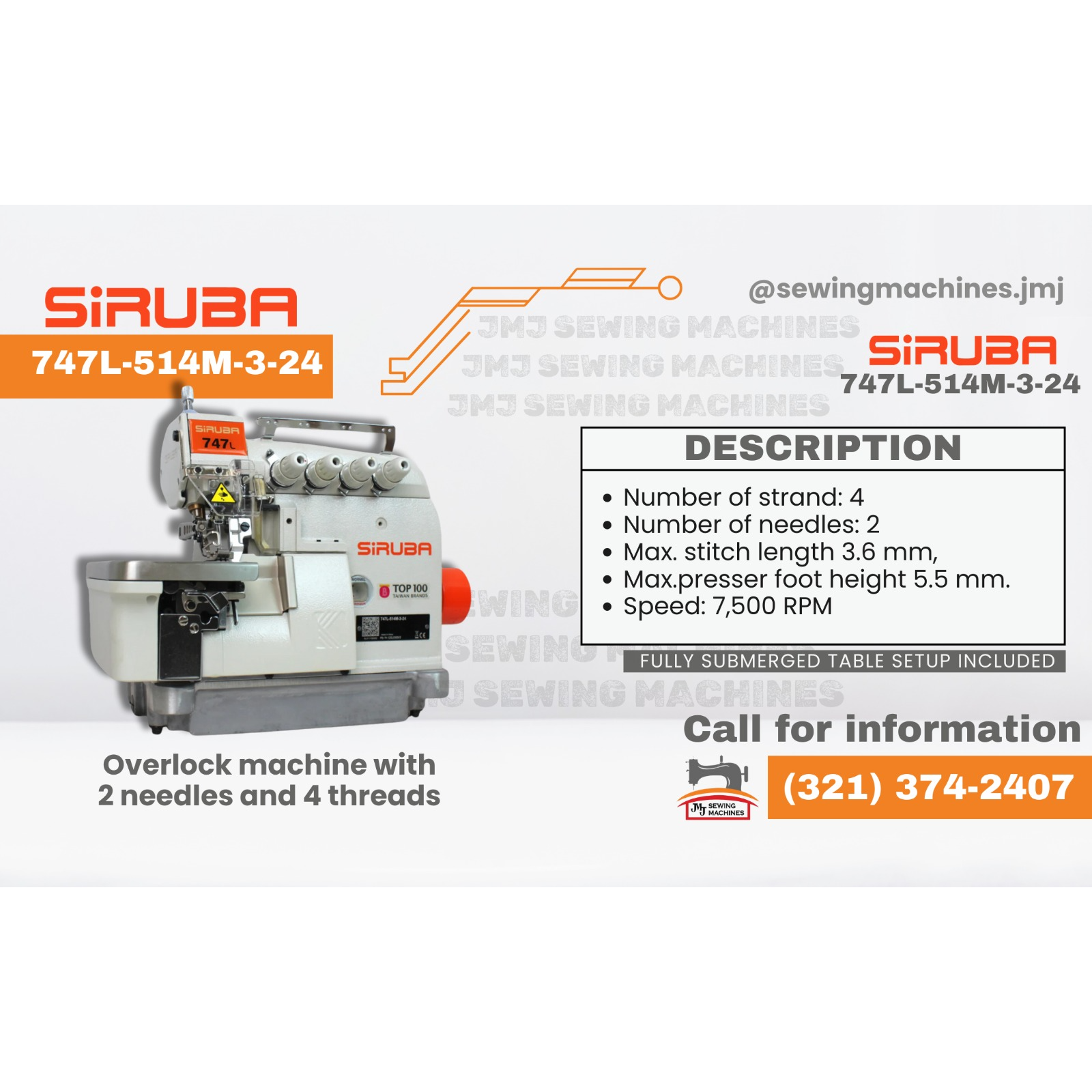 SIRUBA 747L-514M-3-24 4 Thread Overlock Industrial Sewing Machine image 0
